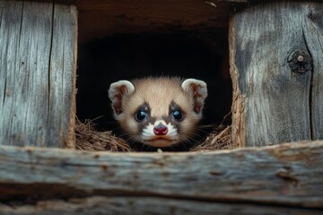A playful baby ferret looks out from a small wooden burrow, showcasing its curious expression. This adorable moment captures the essence of wildlife in a natural setting