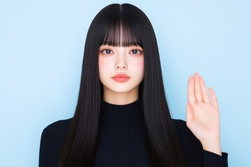 Japanese woman with long sleek black hair and bangs, hand raised in gesture, pastel blue background, modern studio portrait, minimalist beauty concept, confident and stylish fashion

