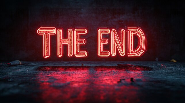 A glowing red metallic 'END' text on a dark background, evoking a cinematic sense of finality and suspense, ideal for dramatic endings.