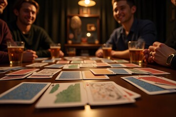 Group of young caucasian males playing card game with beverages at a cozy table