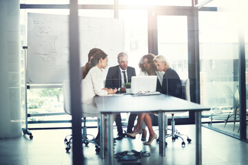 Office, employees and business people with laptop for solution, audit research and accounting...