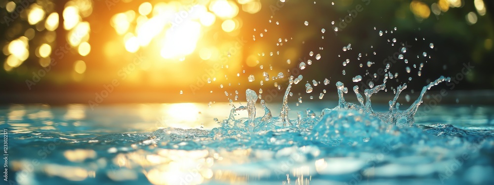 Poster Water splashing in golden sunlight creating a dynamic and refreshing summer scene symbolizing purity, nature, energy, and movement, Generative AI