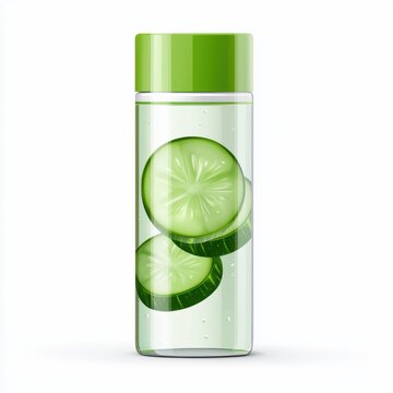 Cucumber and aloe micellar water bottle with a fresh green aesthetic, placed on a bright white background
