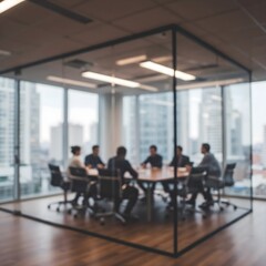 Fototapeta premium Blurred perspective of a conference room with glass walls, showcasing collaborative discussions, teamwork and a professional office setting with a city view