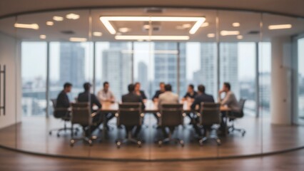 Blurred perspective of a business meeting in a glass-walled office space, emphasizing collaboration, teamwork and professional communication in a corporate environment