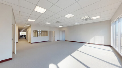 Empty white business office space room loft interior 3d rendering illustration sunny lighting with empty blank copyspace to add your content