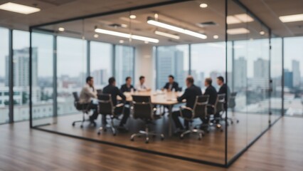 Blurred view of a modern office meeting room with glass walls, showcasing teamwork, collaboration and professional discussions in a corporate workspace with cityscape in the background