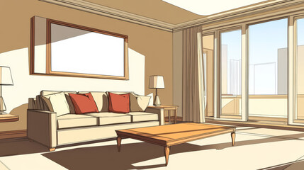 empty studio room loft apartment background with couch, table and blank picture frame 3d render illustration. 3D Illustration