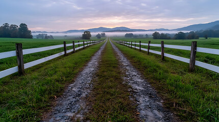 Obraz premium Misty sunrise over farm lane, tranquil scene