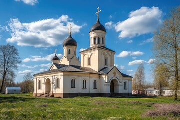 Fototapeta premium Medieval Splendor: Cathedral of the Assumption of the Blessed Virgin Mary in Old Ladoga, Russia on a Sunny April Day
