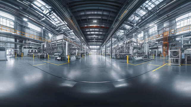 360 panorama spherical view of industrial factory hall 3d render illustration with dark concrete surface futuristic industrial design vr hdr hdri style