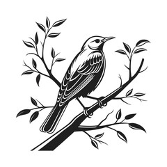 Black and white bird perched on branch illustration