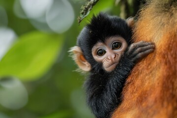 Fototapeta premium In a lush rainforest, a baby monkey holds onto its mother's fur, showcasing a tender moment between them. The vibrant greenery surrounds them, highlighting their bond