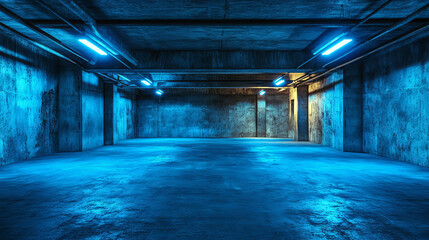 Fototapeta premium Underground concrete basement with low key blue lighting industrial grunge concrete background 3d render illustration