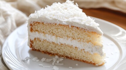 A slice of creamy coconut cake with a light frosting and shredded coconut topping, placed on a plain white plate, Slice centered with a slightly angled view
