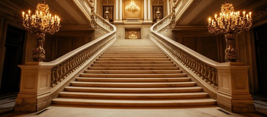 Obraz premium Elegant grand staircase adorned with chandeliers in a historic building's foyer