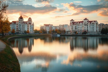 Fototapeta premium Breathtaking Sunset Over the Historic Heart of Minsk, Belarus - Autumn Reflections on Urban Riverfront