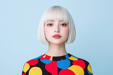 Studio portrait of a Japanese woman with platinum blonde sleek bob hairstyle, bold red lipstick, colorful circular print dress, isolated on light blue background, professional photography

