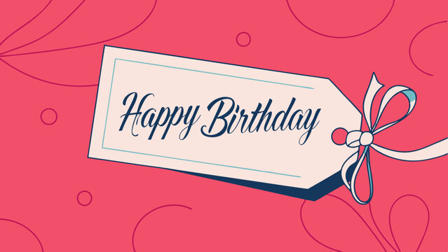 Elegant birthday tag with calligraphy on off-white surface. White ribbon accent against floral patterned pink background. Concept of celebration supplies, party planning, custom stationery.