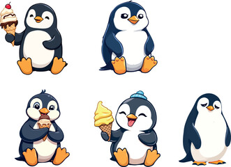 Cute cartoon penguins holding and eating ice cream cones