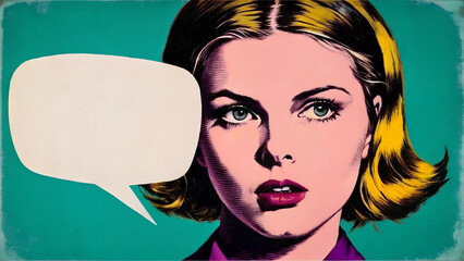 White woman with serious expression and blonde bob hairstyle looking at camera, pop art style portrait with speech bubble, retro comic aesthetics. Concept of advertising, communication.