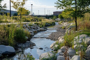 Revitalized Urban Stream Featuring a Majestic Great Blue Heron in a Rocky Shoreline Landscape