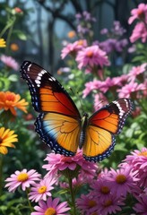 Colorful butterfly perched on a blooming flower in the garden, bloom, landscape, floral