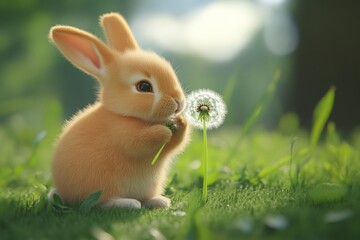 Fototapeta premium A baby rabbit is enjoying a dandelion in a lush green meadow, surrounded by nature. The gentle sunlight shines on the fluffy flower, creating a peaceful atmosphere