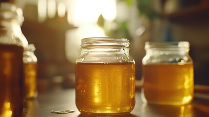 Raw honey filtered and bottled into golden jars liquid sweetness, highlighting the natural process.