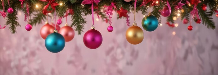 Colorful Christmas ornaments hung along a pink garland , glitter, winter