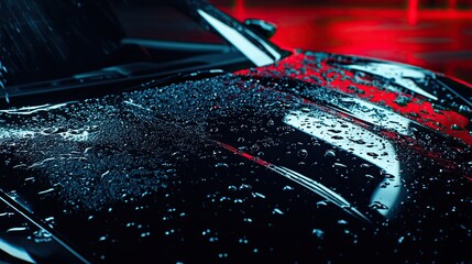Post-wash at the car wash, water and wax cascade down the windows, showcasing the expert application of specialized cleaning products for windows