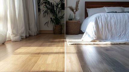 A modern bedroom transformation comparing old wooden flooring to new sustainable bamboo designs