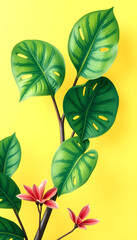 Obraz premium Tropical philodendron leaves on yellow summer background 3D Rendering, 3D Illustration, crayon drawing, with white tones