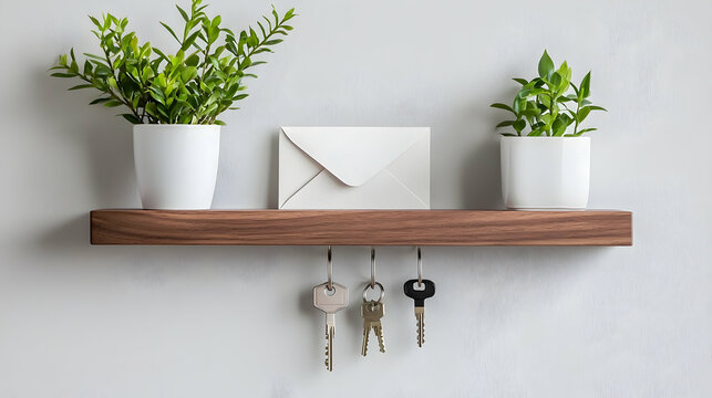Keys, plants, mail on walnut shelf.  Home entryway organization