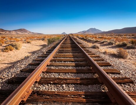 rusty railroad track on western desert abandoned train track