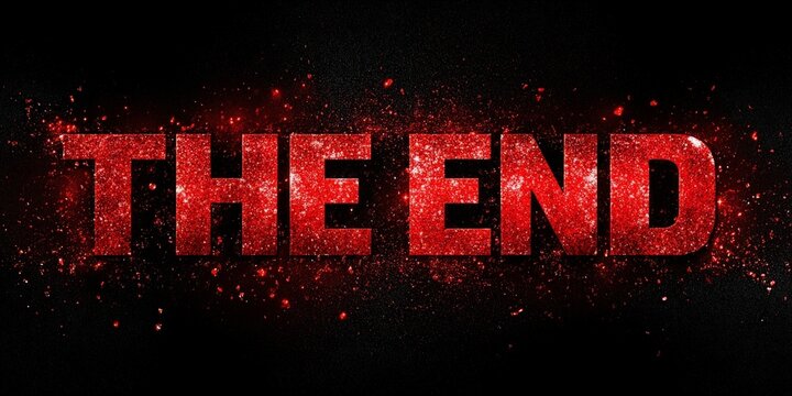 A glowing red metallic 'END' text on a dark background, evoking a cinematic sense of finality and suspense, ideal for dramatic endings.