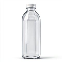 Glass water bottle mockup with a minimalist blank label, isolated on a clean white background
