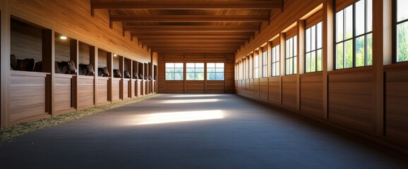 Obraz premium Sunlit horse stable interior; empty stalls, wood; rural background. Real estate