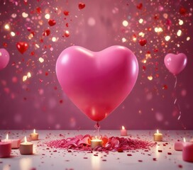 Confetti and balloons in shades of pink and red surrounding a single pink heart-shaped balloon with burning candles , balloons, celebration