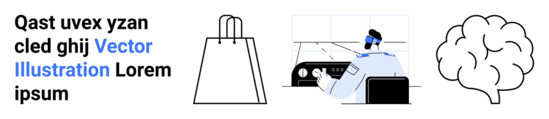 Shopping bag outline, person driving with steering wheel, brain illustration, and placeholder text. Ideal for e-commerce, transportation, neuroscience, AI, education marketing design web elements