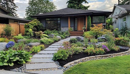 Transformation a worn-out front yard into a lush, vibrant garden with paved pathways