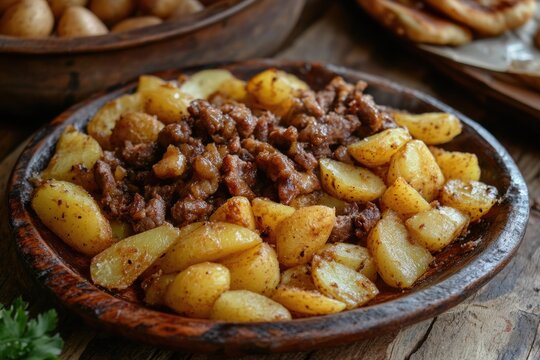 Savory Ojakhuri: A Flavorful Georgian Dish of Fried Potatoes and Meat Served Fresh for Dinner