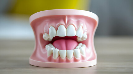 Obraz premium Dental model, healthy teeth, clinic desk, blurred background, education