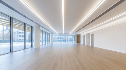 Empty white room with wooden floor 3d render illustration with bright light from ceiling 3d render illustration