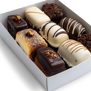 Assorted mini cakes in box, bakery, white background, dessert variety, food photography