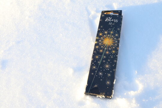 Sparkler box in the snow. Tomtebloss in Swedish.