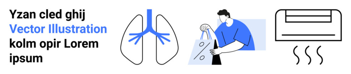Lungs illustration, person recycling plastic bottles, air conditioning unit emitting heat. Ideal for health, environment, recycling, air quality, climate control, sustainability clean living