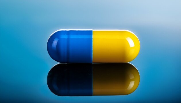 close up of a glossy blue and yellow pill capsule on reflective surface representing healthcare and medication with space for text