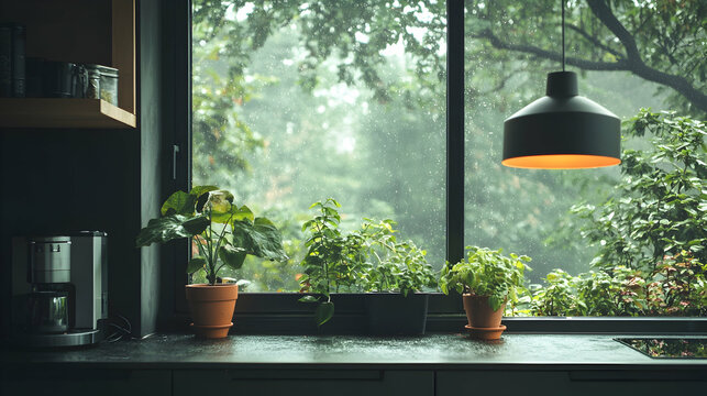 Fototapeta Rainy day kitchen plants window view