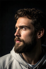 Fototapeta premium Pensive man with beard gazing thoughtfully in dark background